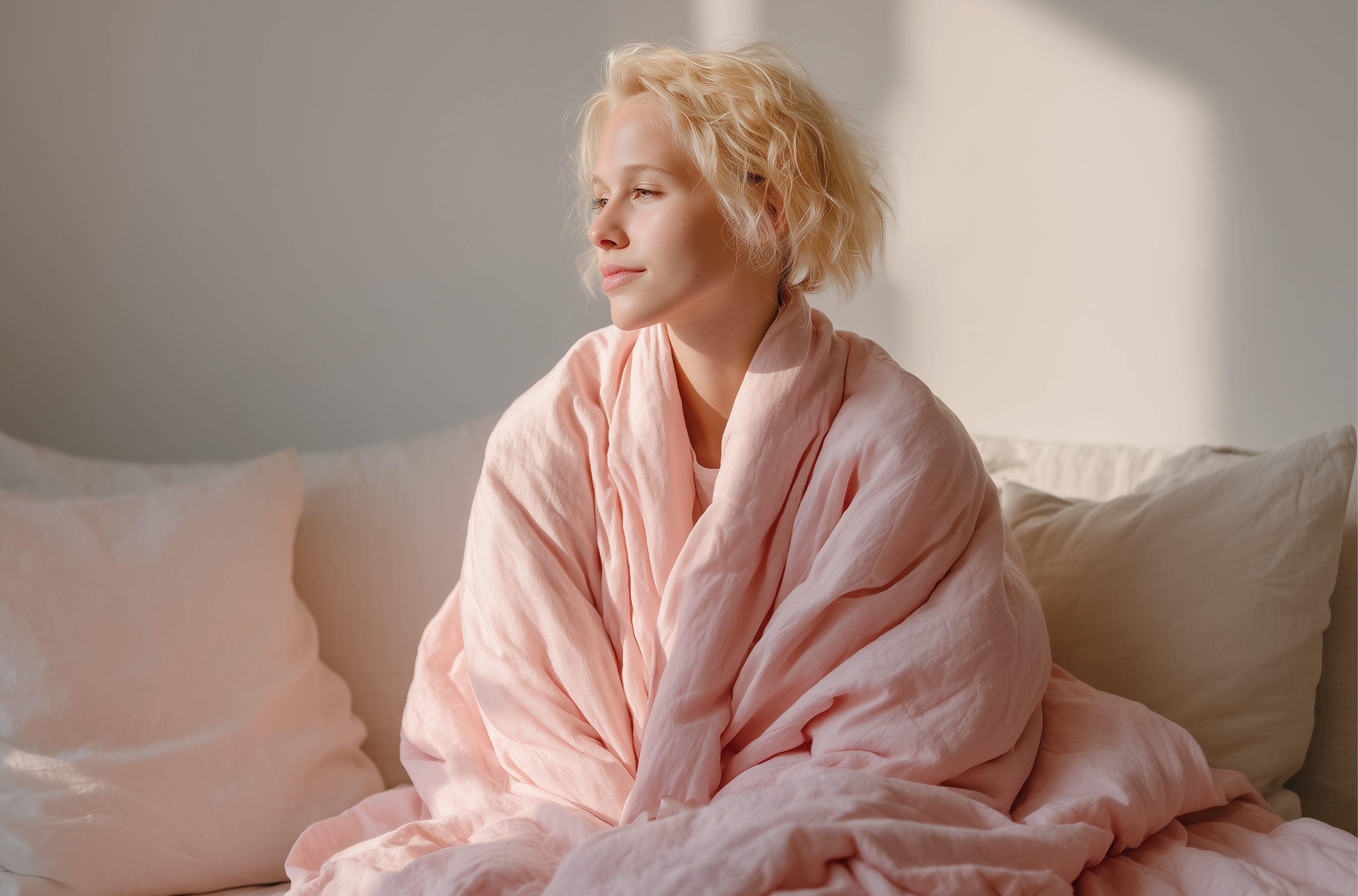 Женщина в пледе у окна отдыхает перед месячными